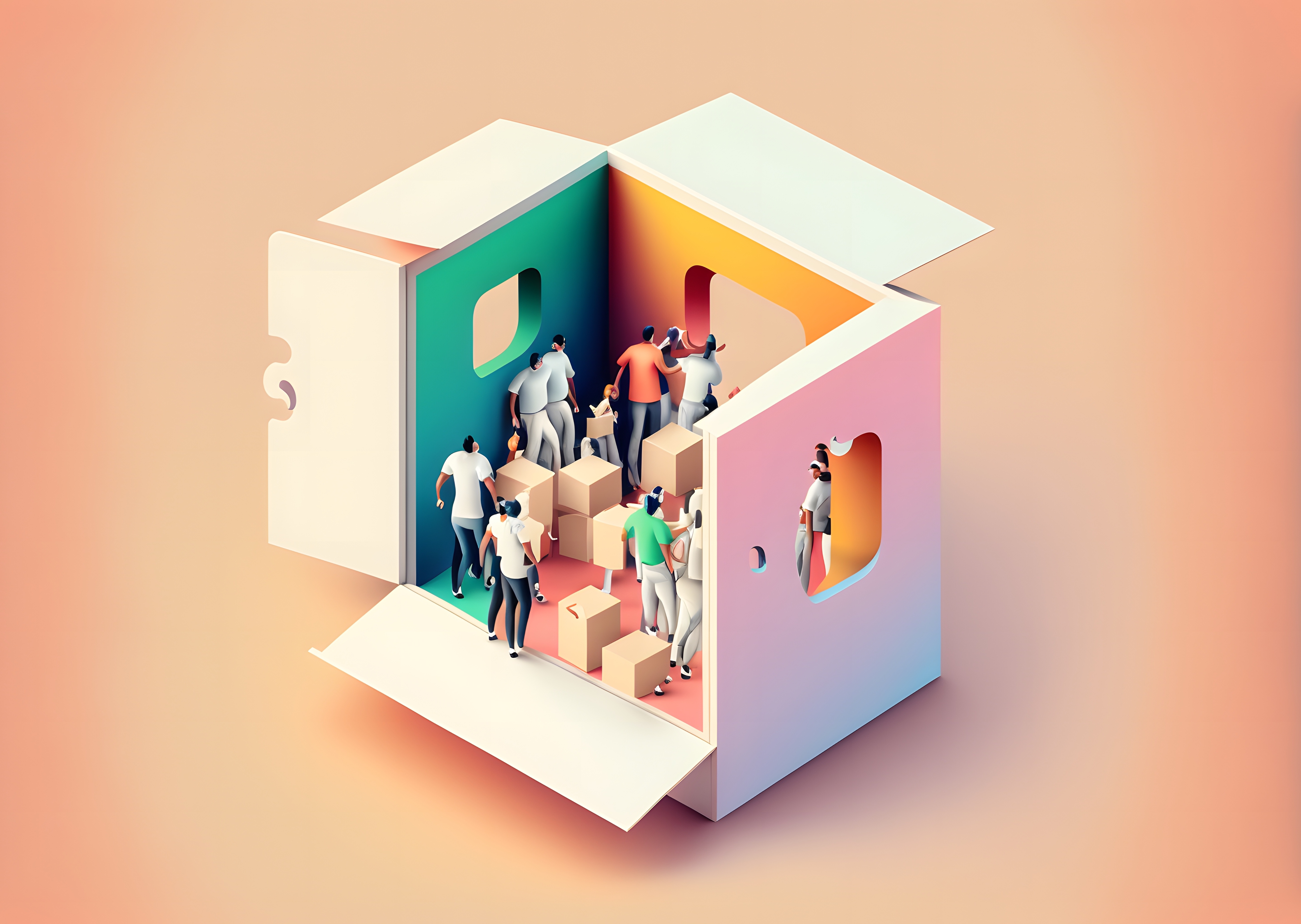 Open box with people inside
